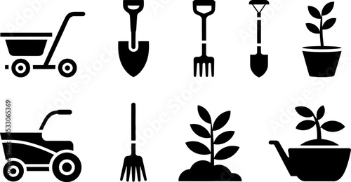 Black and white vector illustration of various gardening tools and plants arranged in two rows