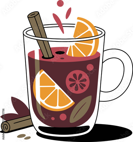 Illustration of a glass mug filled with mulled wine garnished with orange and cinnamon stick