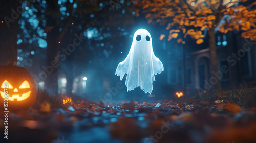 Photorealistic Glowing Halloween Ghost Hovering in a Foggy Night Yard with Soft Moonlight Illuminating the Scene