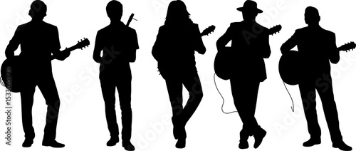 Silhouettes of five musicians with guitars standing against a white background in a row formation