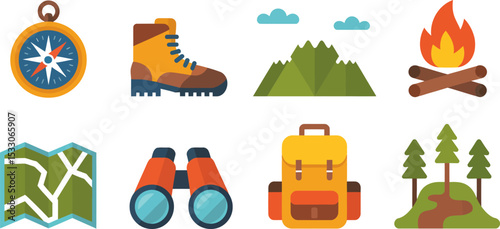 Illustration of camping and hiking equipment arranged in a grid on a white background