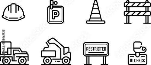 Illustration of construction and safety icons including trucks helmet and restricted signages
