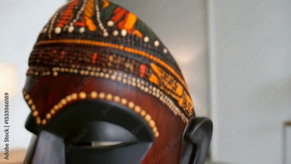Detailed shot of an ornate wooden African mask with geometric patterns and beaded accents displayed indoors on a plain white background