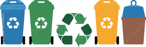 Illustration of blue green yellow and brown recycle bins with the recycling symbol in the center