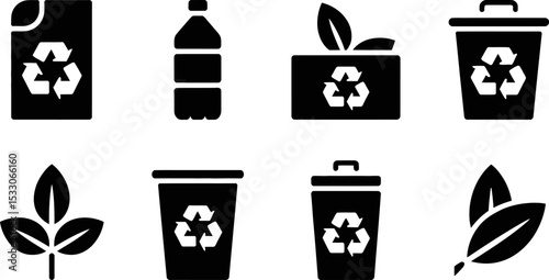 Illustration showing recycling icons including paper bottle box bins and leaves in black and white