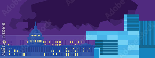Abstract Washington DC skyline with Capitol building at night in purple and blue colors. Vector illustration for American government and political design concepts