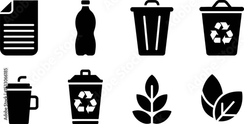 A collection of black and white icons representing recycling and environmental awareness items