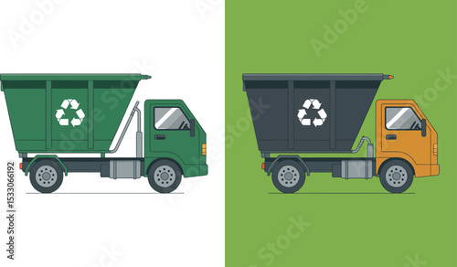 Two recycling trucks one green and one orange with recycling symbols on the containers side view