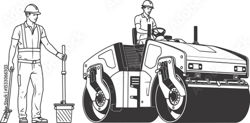Illustration of two construction workers with a road roller on a white background line art