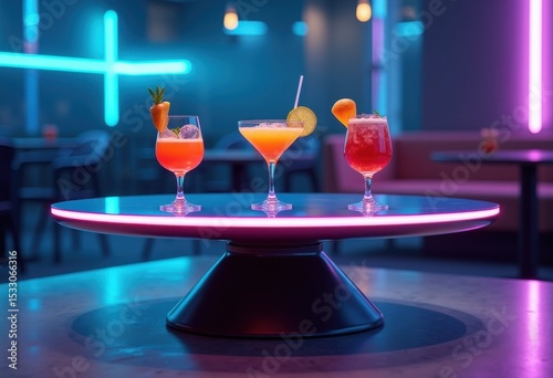 futuristic levitating cocktail glass table modern design innovation, liquid, beverage, suspended, clear, light, decor, technology, interior, bar, elegant