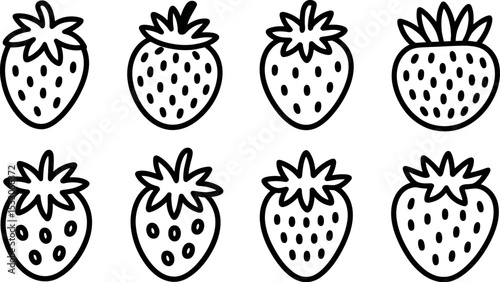 Eight strawberry outlines arranged in two rows on a white background simple black and white art