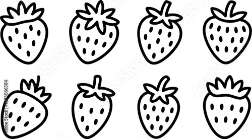 Eight simple outlined strawberries with seeds and leafy tops arranged on a white background