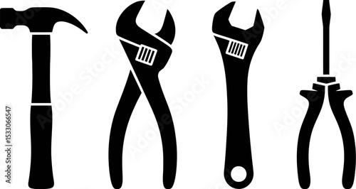 Illustration of a hammer adjustable wrench pliers and screwdriver in black and white style
