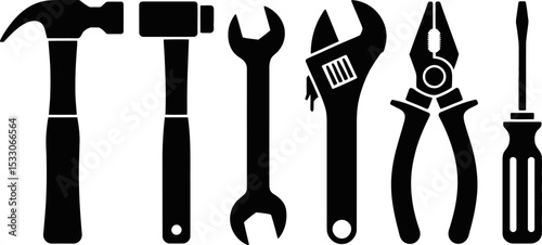 Black silhouettes of various hand tools including hammers wrenches pliers and screwdriver set in a row