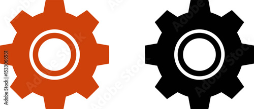 A simple black gear icon with a hollow center on a white background in a flat design style