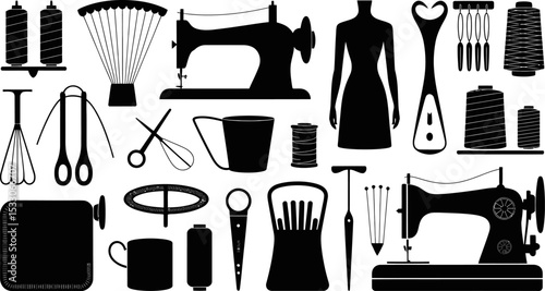 Silhouette illustration showcasing various sewing tools and equipment in a vector style design