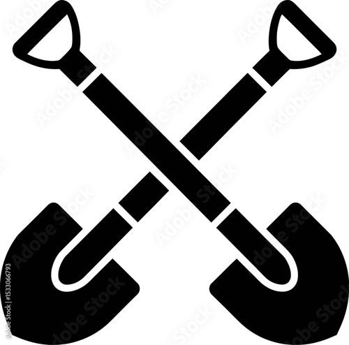 Illustration of two shovels crossed over each other in a black silhouette against white background