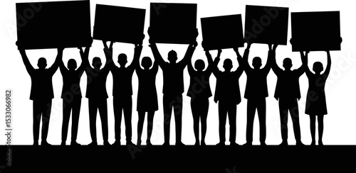 A group of silhouetted people holding up blank signs in a demonstration or protest scene image