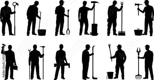 Silhouette illustration of various workers holding tools on a white background isolated image