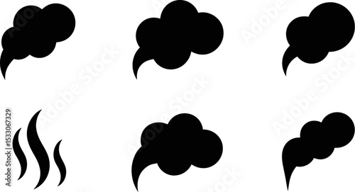 A collection of six black smoke and steam cloud graphics on a white background isolated set