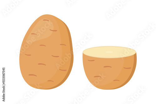 Whole and halved potato. Natural organic vegetables. Potatoes tubers set. Flat vector illustration isolated on white background.