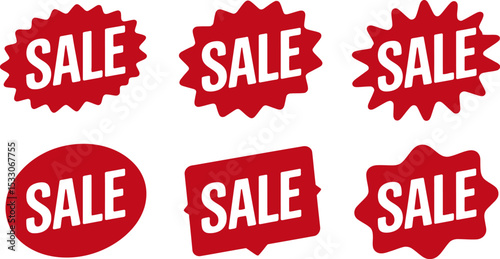 A collection of six red sale stickers in various shapes on a white background display deals