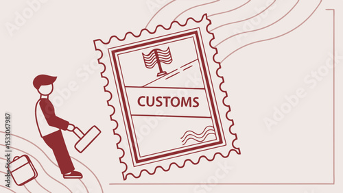 Customs Stamp with Traveler and Suitcase Outline Illustration