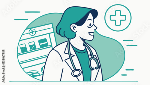 Female Doctor with Stethoscope near Hospital Building