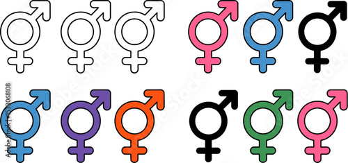 Display of ten gender symbols in various colors including black white pink and blue on white