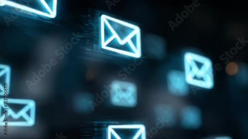 Emails visualized with glowing icons and blue background in a digital representation of communication