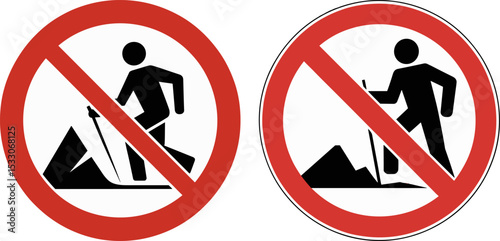 No Hiking Allowed Sign – Red Prohibition Symbol with Hiker and Mountain Icon on White Background

