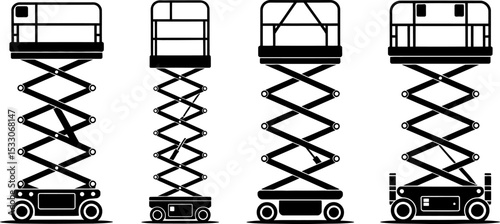 Four different scissor lifts in black and white isolated on a white background illustration