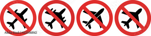 No Fly Zone Sign – Red Prohibition Symbol with Black Airplane Icon Isolated on White Background

