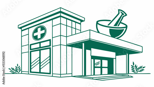 Modern Pharmacy Building Outline with Mortar and Pestle