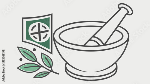 Mortar and Pestle with Pharmacy Symbol and Green Leaves Illustration