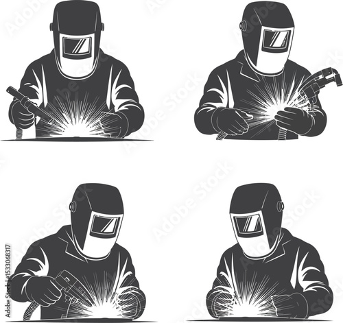 Four monochrome illustrations of welders wearing masks and protective gear welding metal parts
