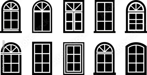 Ten black and white window icons in two rows with various shapes and frame configurations