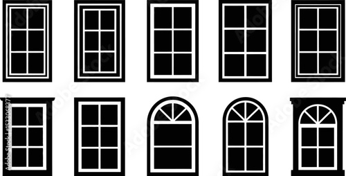 Illustration showing ten different window styles with varying shapes and grid patterns shown in black