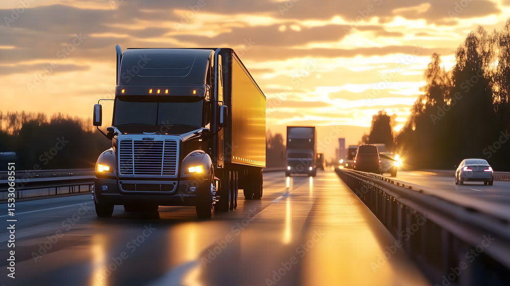 Semi-truck driving on highway at sunset, golden hour light reflecting on trailer, blurred background showing other vehicles and trees. : Generative AI Semi-truck driving on highway at sunset, golden hour light reflecting on trailer, blurred background showing other vehicles and trees. : Generative AI