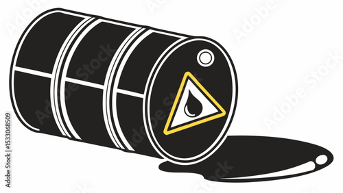 Spilled Oil Barrel with Hazard Warning Sign