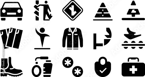 A collection of various black and white icons including clothing and transportation symbols shown here