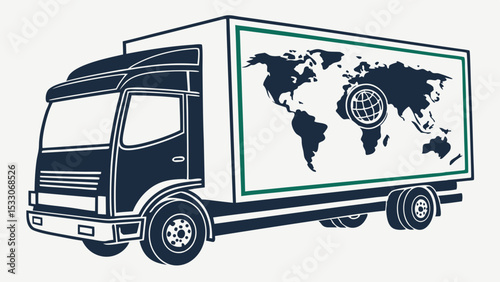 Stylized Delivery Truck with World Map and Globe Graphic