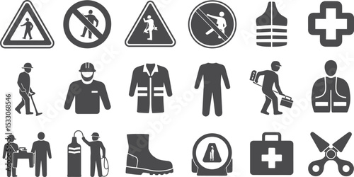 A collection of safety and construction icons depicting various hazards and protective equipment