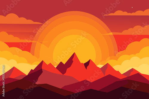 Orange and red hues light the sky as the sun dips below the mountain silhouettes in this beautiful vector landscape illustration