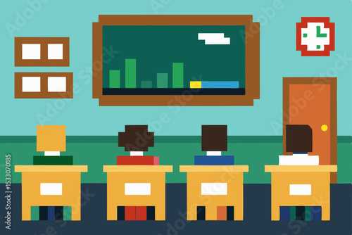 Vector illustration of office room interior design with furniture icons including desk, chair, bookshelf, and cabinet