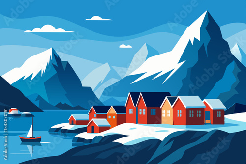 Vector illustration of a scenic winter mountain landscape with snow, ice, and a lake under a cold, cloudy sky