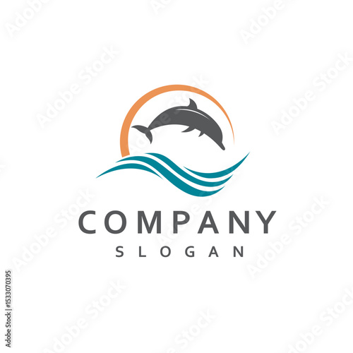 emblem of dolphin, sun and sea waves isolated on white background