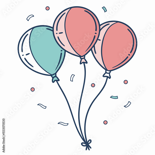 Three colorful balloons floating with confetti in a festive design  