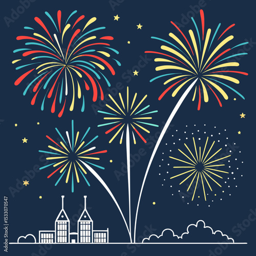Colorful fireworks exploding over a city skyline at night  