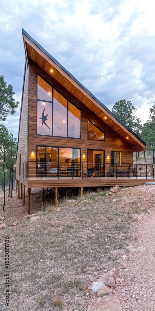 Fototapeta premium A house with a large window and a skier jumping out of it. The house is on a hill and has a wooden deck